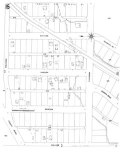 The first edition of the Sanborn Fire Insurance Map shows Butcher Creek running across what became Lot 2 and a small outbuilding in the northwest corner. Lots 17 and 18 can be seen, each marked “D” for dwelling, but Lot 16 is unnumbered.