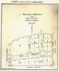 Plat Map of Ingram’s Addition to the City of Walla Walla, undated. Waverly Street is shown as East University Street, and James Street presumably is now the extension of White Street north of Isaacs Avenue.