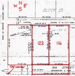 Above is a portion of a survey of Block 25 of College Place No. 2 Addition completed on 8/22/1984, showing portions of Lot 2 outlined in red marker. The parcels on which 116 and 122 SW 9th are located are highlighted in double red lines. Note that Lot 2 extends 28 additional feet south of the north boundary of SW 9th Street. The vertical strip on the left is SW Bade Avenue.