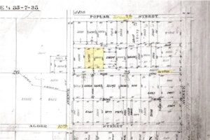 Block 25 from the subdivision map of College Place No. 2 Addition. Lot 2 is the yellow highlighted Square. Poplar at the top has been penciled in as “8th” and Alder at the bottom as “10th” The horizontal Band where No. 25 appears originally was not a street, but “SW 9th St.” was later penciled in. The vertical avenue on the left is Addison (now SW Bade Avenue); the one on the right is College Avenue. According to John Rickard, Community Development Director for College Place, the date that SW 9th Street was graded and paved cannot be determined.