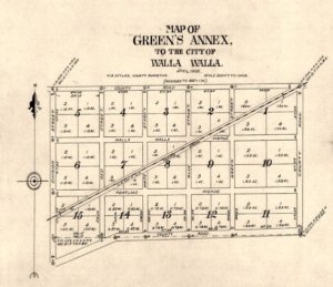 Plat Map of Green’s Annex to the City of Walla Walla.  Lot 3, Block 5 is near the upper left.
