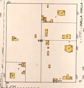 Sanborn Fire Map, 1905, with 1923 updates. 1303 Walla Walla Avenue can be seen at the bottom right corner. Walla Walla Avenue is on the right, Melrose Avenue on the left, North Division Street across the bottom.  Notice how different the footprint of the dwelling appears from the footprint of the house that exists today. The primary east/west gable on thenorth side of the house does not appear, and what is quite apparentl  a much more recent smaller east/west gable is also missing. 
