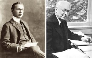 Two photos of Ellis Fuller Lawrence. Left, ca. 1900 when he was a student at MIT. Right, a 1942 portrait. Both photos University of Oregon Special Collections and Archives.