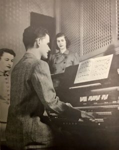 A 1953 photograph of the newly-installed console for the Roosevelt organ in the Whitman chapel. Whitman Archives.