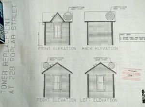 Elevations of all four sides of the design for the tower rebuild.