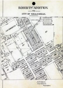 The plat map of Roberts’ Addition to the City of Walla Walla. There have been numerous street name changes since this map. Roberts Street is now South Palouse Street. Ebbie Street is now Park Street. What is labeled Park Street to the immediate west of A. B. Roberts’ unnumbered block is now East Birch Street. The Ward home was located somewhat south of the marker 673 2/3rds feet.