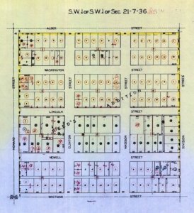 An undated map of the Southwest Quarter of the Southwest Quarter of 21-7-North- 36-East.  Block 9 is second from the bottom on the right.