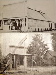 Top: Kinnear & Weller General Merchandise ca. 1880s. Bottom: Martin Weller, left, and J.E. Abbott, right, in front of their lumber company office, 1895. Both images from <i>Waitsburg: One of a Kind</i> by Vance Orchard, 1976, courtesy of the late Lawrence Weller.