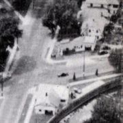 An aerial photo from the 1940s with the added service bay visible on the right facing Park Street.