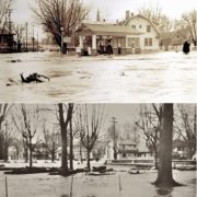 Two views of the Triangle Service station and 341 East Alder Street taken during the Mill Creek flood of March 31, 1931. Top: Jo Winn photo, courtesy Joe Drazan; Bottom: Whitman Archives.