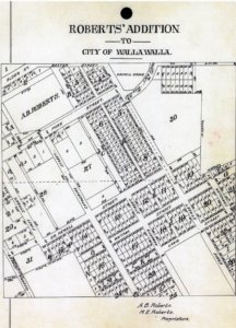 The original plat map of Roberts’ Addition to the City of Walla Walla. Note Lot 4 that traverses the full length of Newell Street from Catherine Street to South Palouse Street. Courtesy TitleOne.