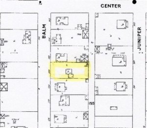 The first issue of the Sanborn Fire Map shows a dwelling much smaller than the current house on Lot 9, Block 3, the center highlighted lot on this diagram.