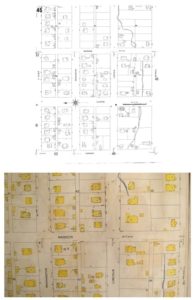 Top: the original edition of the 1905 Sanborn Fire Insurance map. Block 9 is at the upper right corner. Bottom: the 1909 update to the 1905 Sanborn map shows the new or expanded house of the Harberts on the southeast corner of Madison and Lincoln Streets, directly east of which is the earlier version of 816 Lincoln Street.