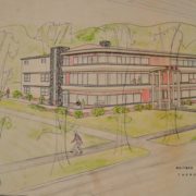 Theron Smith’s proposal for a new Tau Kappa Epsilon fraternity house, unbuilt, probably 1948 or 1949. Tau Kappa Epsilon ink drawing.