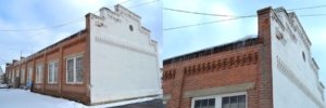 Left: the original façade of the main building at 948 May Avenue; right: detail of the brickwork
