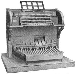 A Bennett three-manual organ console similar to the two-manual model that was installed in MacDowell Hall.