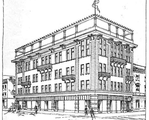 A line drawing of architect Carl L. Linde’s proposal for the new Elks’ Temple, as published in Up-To-The-Times, April 1912. Note the drawing depicts a building of just four stories.