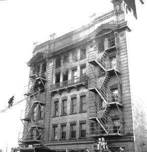 A Union-Bulletin photo from May 23, 1970 shows smoke still exiting windows of the fourth and fifth floors. Elks’ Lodge photo, courtesy Joe Drazan.