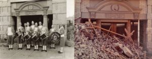 Left, the Elks’ drum corps in an early photo of the entrance to the Elks’ Temple. Courtesy Elks’ Lodge 287. Right, the entrance in a final photo from July 1973, showing fallen rubble from upper floors. Courtesy Elks’ Lodge 287.