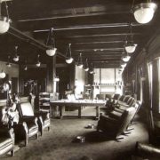 The reading alcove of the third floor Club Room. Note the fireplace, the face of which was tiles, each one featuring the name of a member/donor to the lodge. Courtesy Joe Drazan