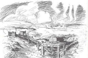 Artisit's historic depiction of Cayuse villge seen from Whitman Mission grist mill. National Park Sevice sketch by Rivers.