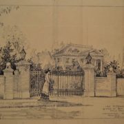 Proposed entrance gate for Anderson mansion by MacNaughton, Raymond & Lawrence of Portland in 1909, unbuilt. Whitman Archives ink drawing.