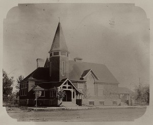 The third building of First Congregational Church shortly after completion. Note the wood framing for the sidewalk, still waiting to be poured. Photo courtesy of Whitman Archives.