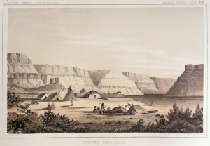 Nez Perce camp outside walls of Old Fort Walla Walla on the Columbia River, Washington. Engraving by John M. Stanley, 1853. [University of Washington Library Archives #NA4169]